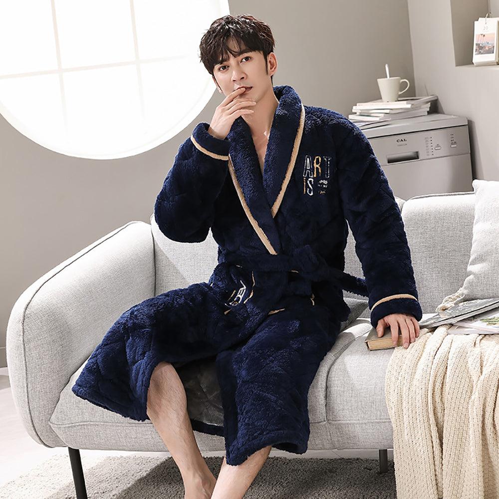Winter Men's Bathrobe Terry Bathrobe 3 Layer Flannel - melvincucci