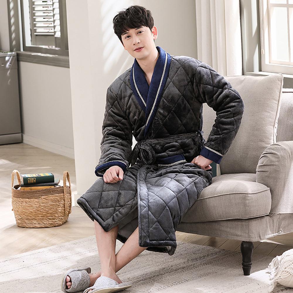 Winter Men's Bathrobe Terry Bathrobe 3 Layer Flannel - melvincucci