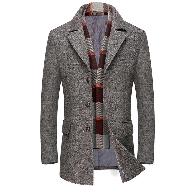 Winter Thick Men Wool Jackets Scarf Detachable Collar Fit Men Overcoats - melvincucci