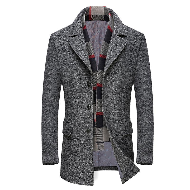 Winter Thick Men Wool Jackets Scarf Detachable Collar Fit Men Overcoats - melvincucci