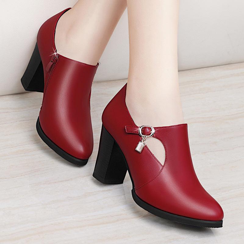 With all-match shoes 2021 spring new high-heeled shoes with thick women and middle-aged lady mother shoe leather shoes - melvincucci