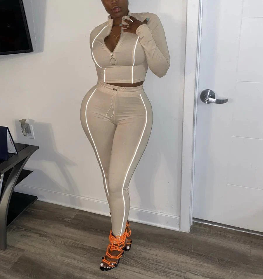 Women 2 Piece Activewear Set Long Sleeve Zip Top Leggings - melvincucci