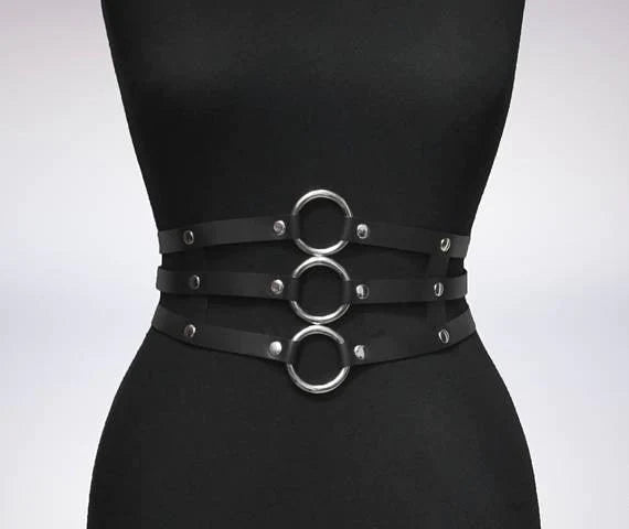 Women Black Leather Waist Belts Sexy Body Harness 3 Layer PU Metal Hoop Patchwork Rivet Belt for Lady - melvincucci