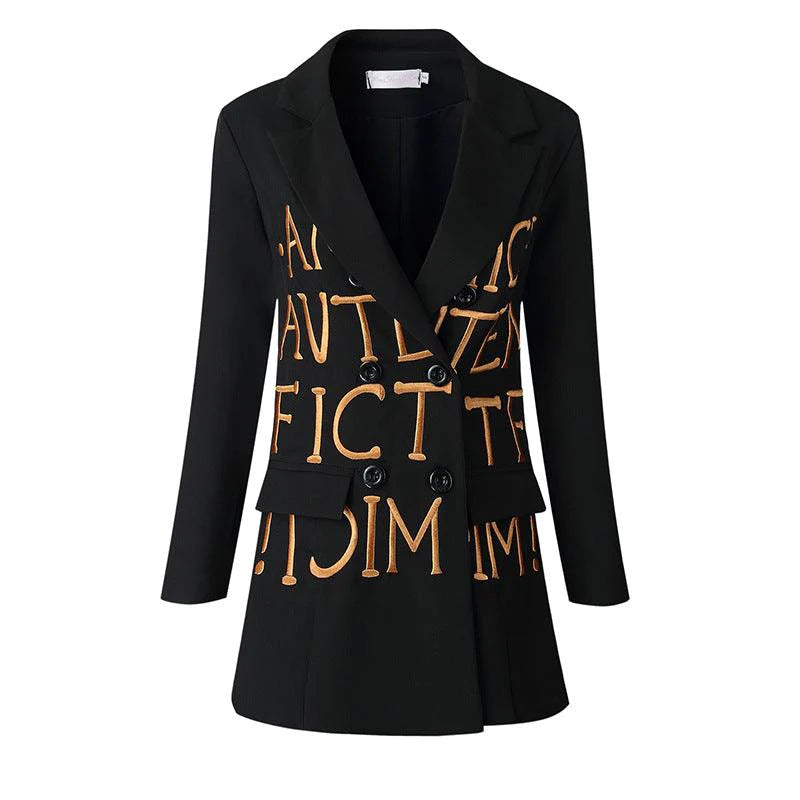Women Black Slim-Fit Embroidered Lettering Blazer - melvincucci