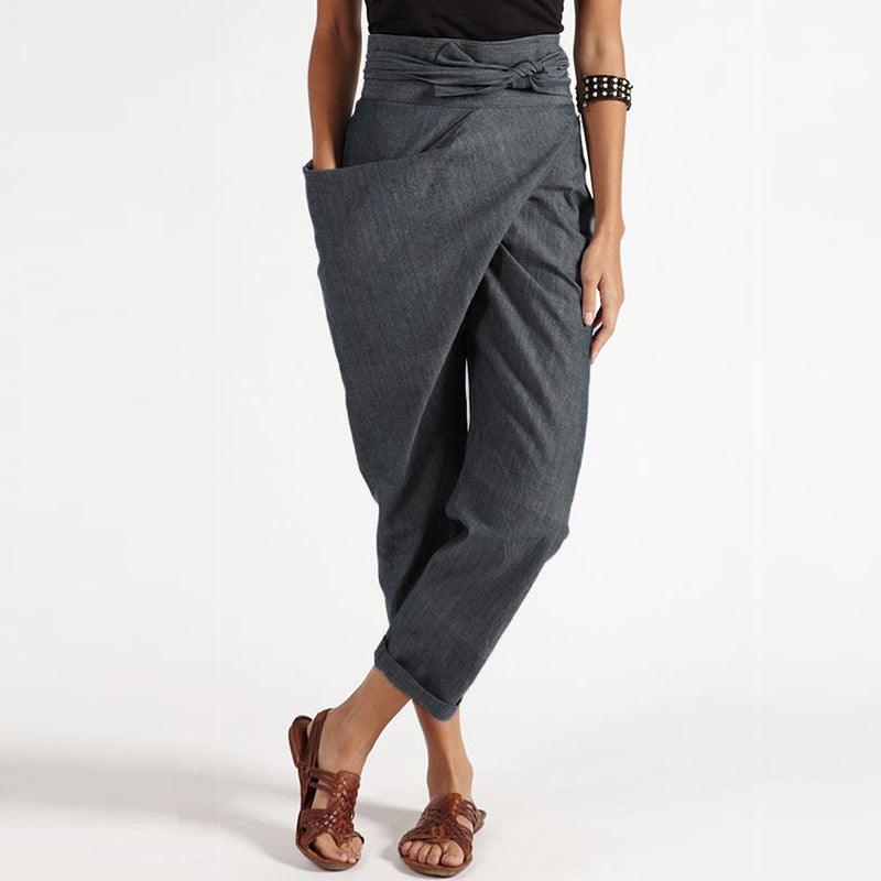 Women Casual Loose High Waisted Lace Up Solid One Side Pocket Comfort Pant - melvincucci