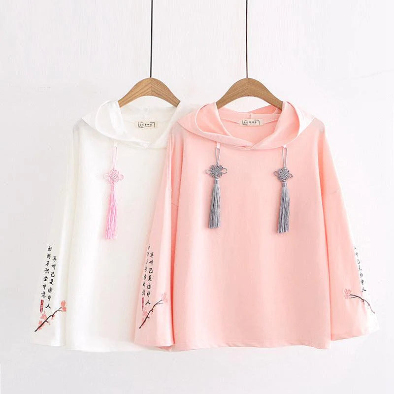 Women Floral Embroidery Hooded Sweatshirts Chinese Style - melvincucci