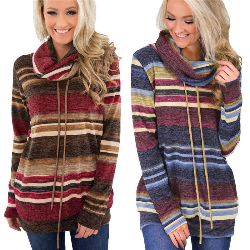 Women Hoodies Sweatshirts Casual Long Sleeve Pullover Hoodie Multi-color Striped Sweatshirt Turtleneck Pullovers Sudadera Mujer - melvincucci