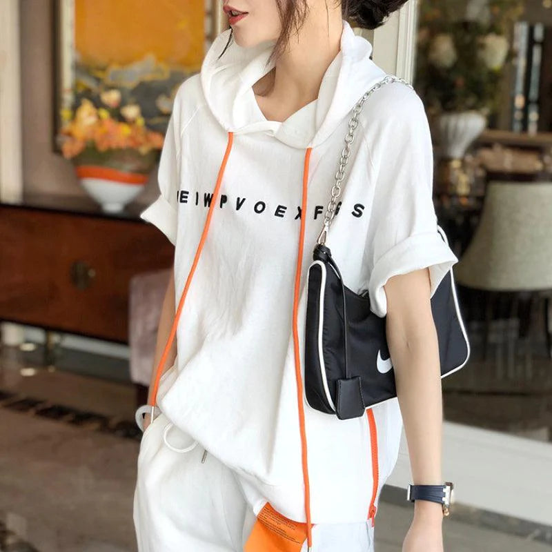 Women Loose Hooded T Shirt Short Sleeves - melvincucci