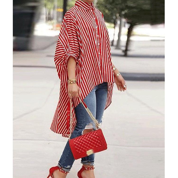 Women Loose Striped Tuxedo Shirt Skirt Dress - melvincucci