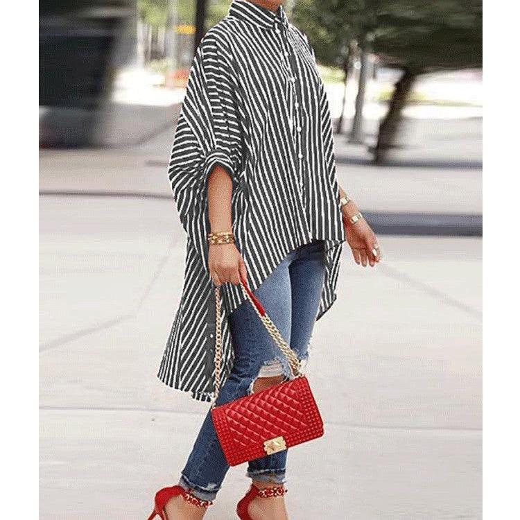 Women Loose Striped Tuxedo Shirt Skirt Dress - melvincucci