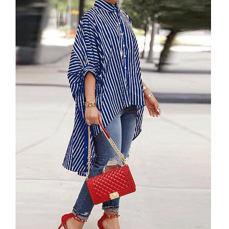 Women Loose Striped Tuxedo Shirt Skirt Dress - melvincucci