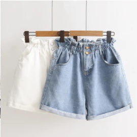 Women New Fashion High waist Elastic Denim Short For Women 2021 Summer Casual Hemming Loose Short White jeans Shorts For females - melvincucci