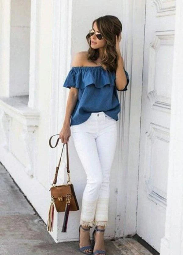 Women Off Shoulder Tops T-Shirts Summer Casual Cotton Denim - melvincucci