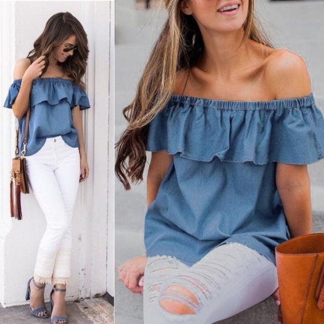 Women Off Shoulder Tops T-Shirts Summer Casual Cotton Denim - melvincucci