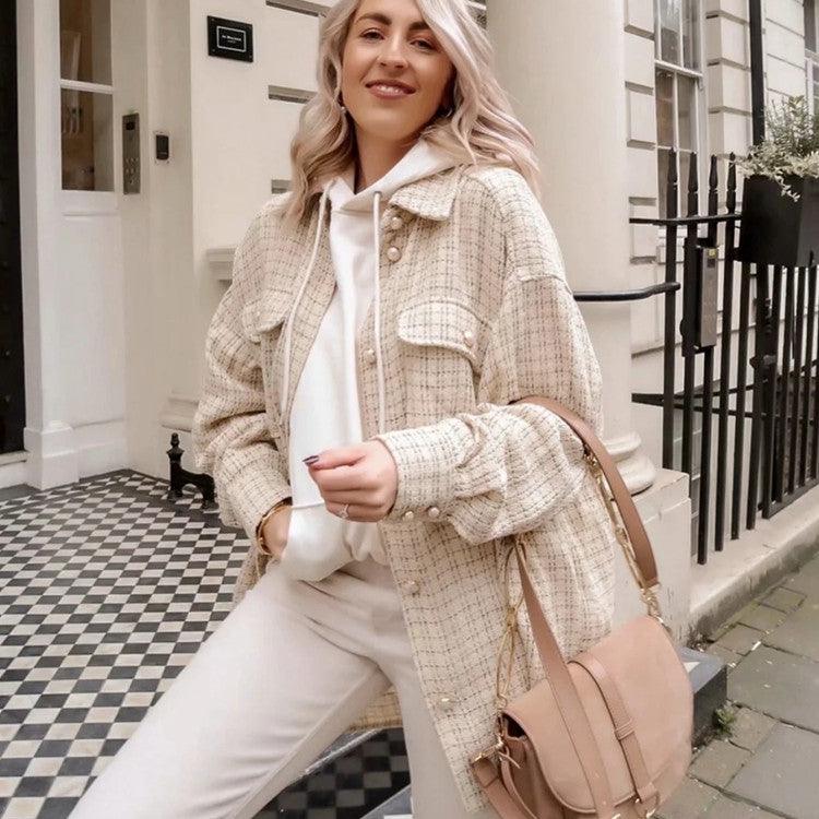 Women Plaid Pattern Thick Coats Jacket Pearl Buttons Long Sleeves Pocket Ladies Elegant Autumn Winter Coat - melvincucci