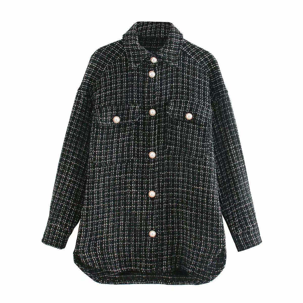 Women Plaid Pattern Thick Coats Jacket Pearl Buttons Long Sleeves Pocket Ladies Elegant Autumn Winter Coat - melvincucci