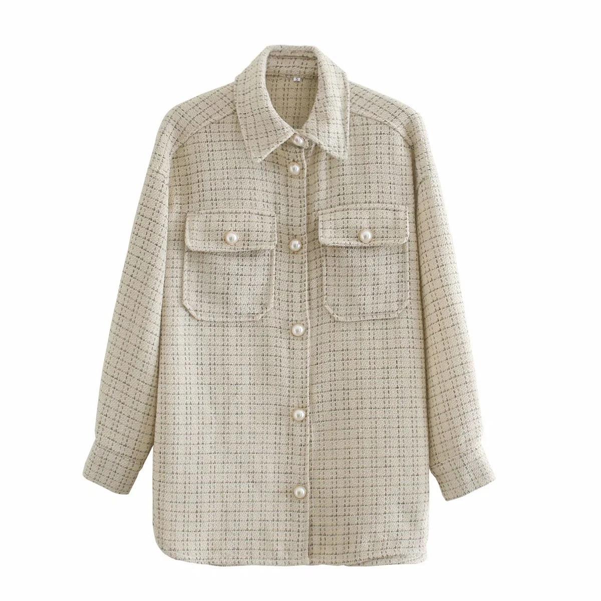 Women Plaid Pattern Thick Coats Jacket Pearl Buttons Long Sleeves Pocket Ladies Elegant Autumn Winter Coat - melvincucci