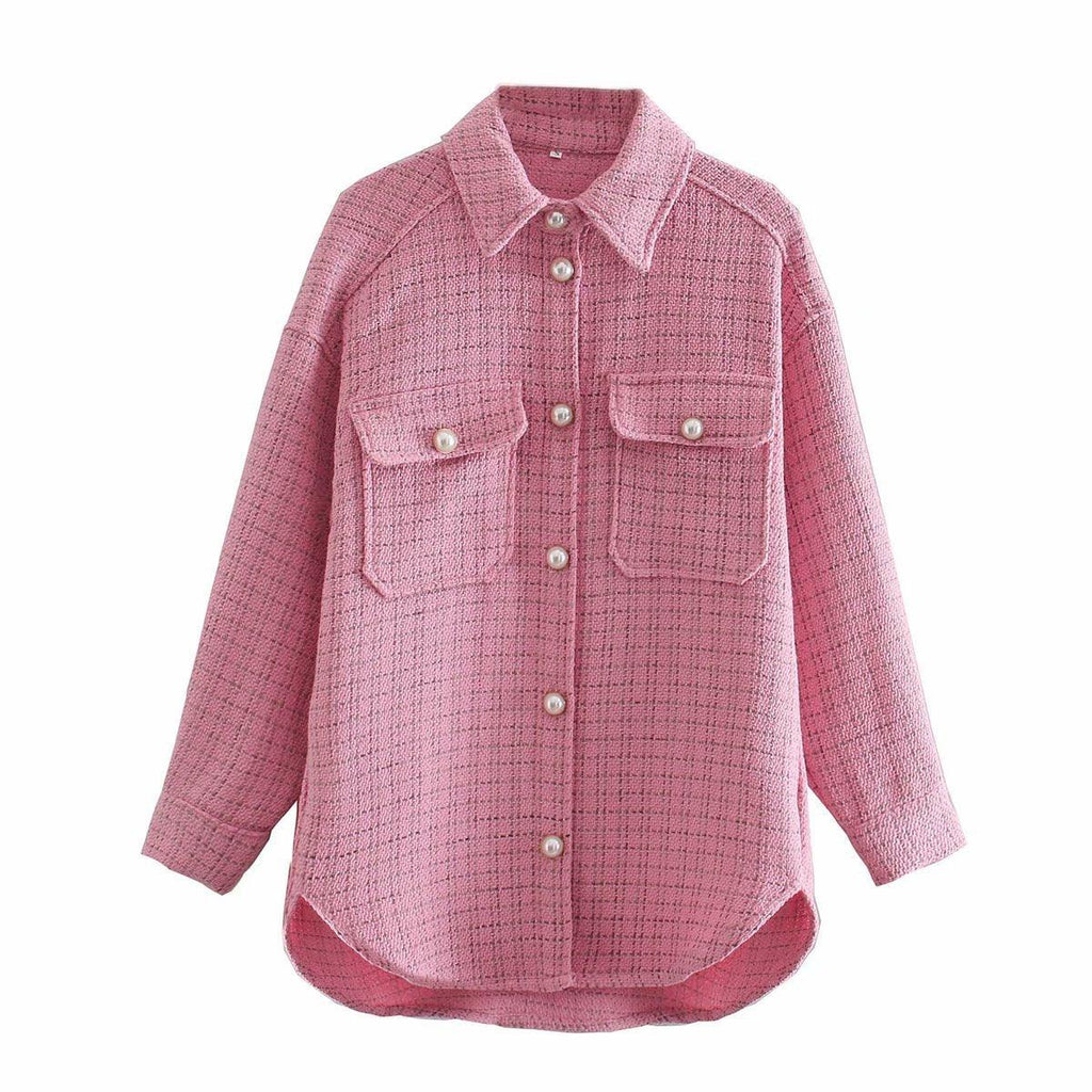 Women Plaid Pattern Thick Coats Jacket Pearl Buttons Long Sleeves Pocket Ladies Elegant Autumn Winter Coat - melvincucci