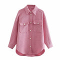 Women Plaid Pattern Thick Coats Jacket Pearl Buttons Long Sleeves Pocket Ladies Elegant Autumn Winter Coat - melvincucci