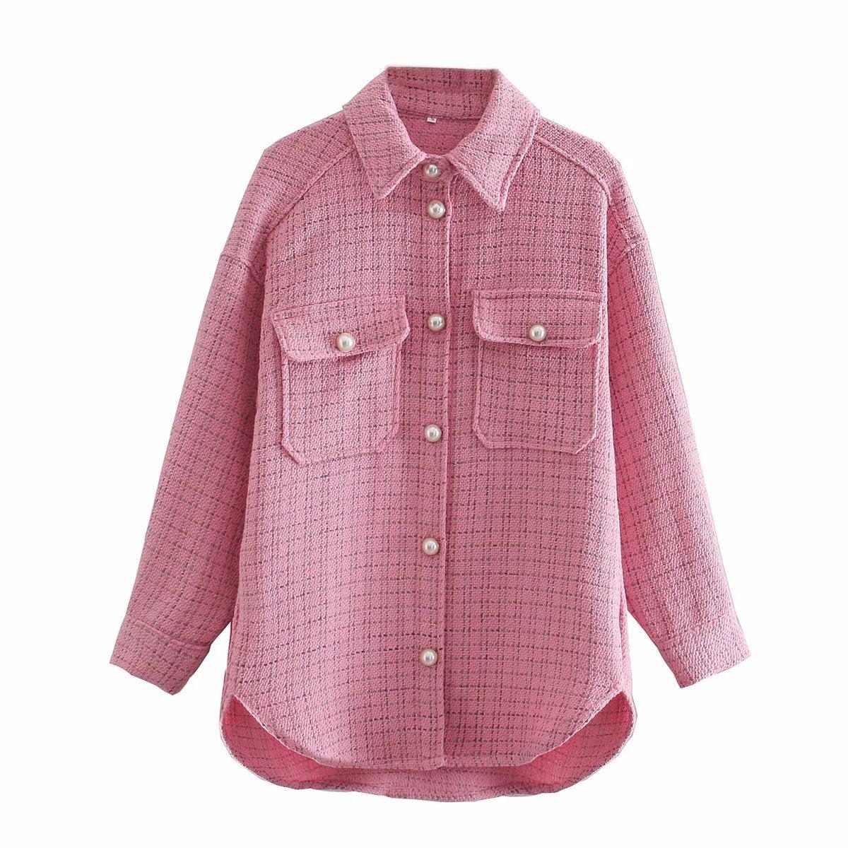 Women Plaid Pattern Thick Coats Jacket Pearl Buttons Long Sleeves Pocket Ladies Elegant Autumn Winter Coat - melvincucci