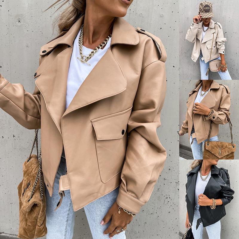 Women PU Leather Top Coat Jacket Loose - melvincucci
