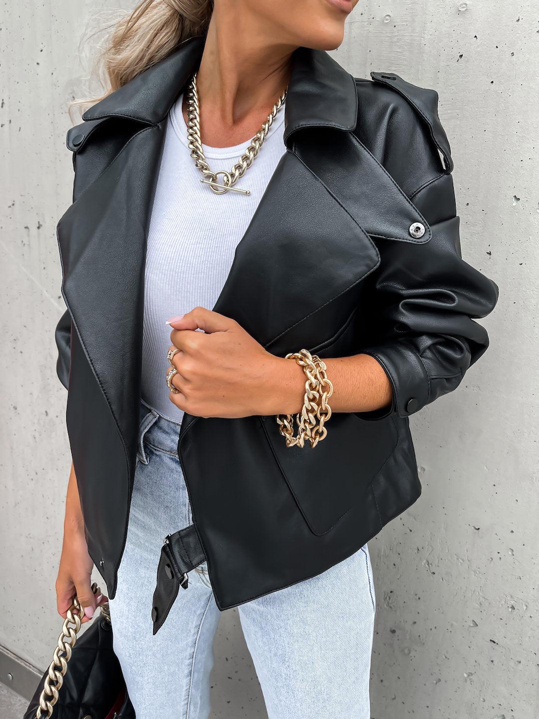 Women PU Leather Top Coat Jacket Loose - melvincucci