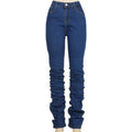 Women Ruched Denim Blue High Wait Stacked Pants - melvincucci