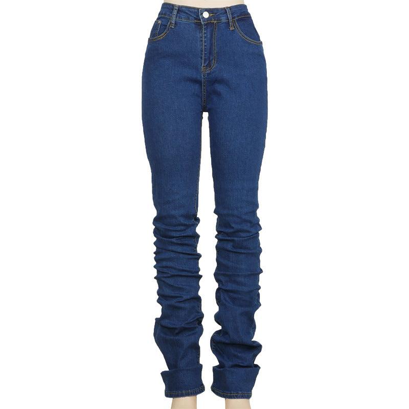 Women Ruched Denim Blue High Wait Stacked Pants - melvincucci