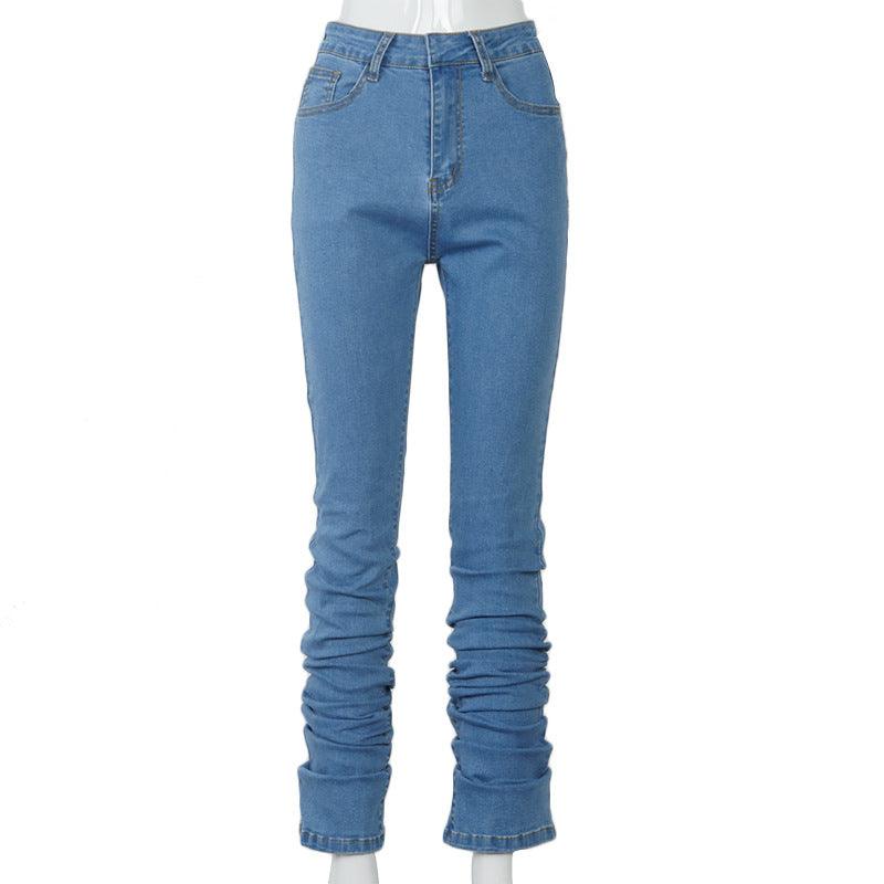 Women Ruched Denim Blue High Wait Stacked Pants - melvincucci