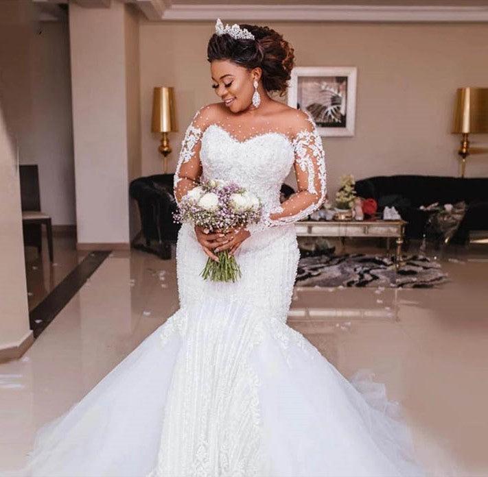 Women's African Luxury Beaded Mermaid Long Sleeve Wedding Dress - melvincucci