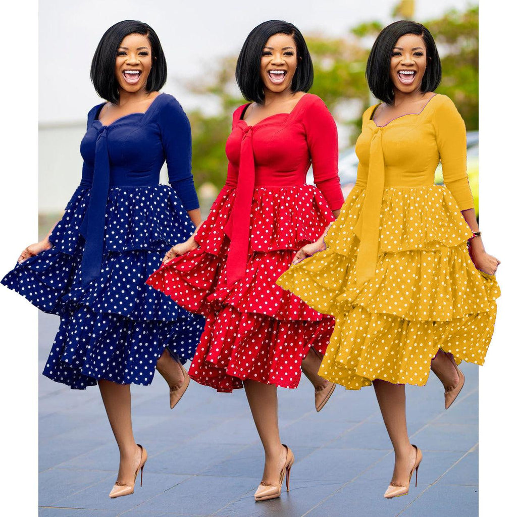 Women's Polka Dot Stitching Cake Dress African Print Dress - melvincucci