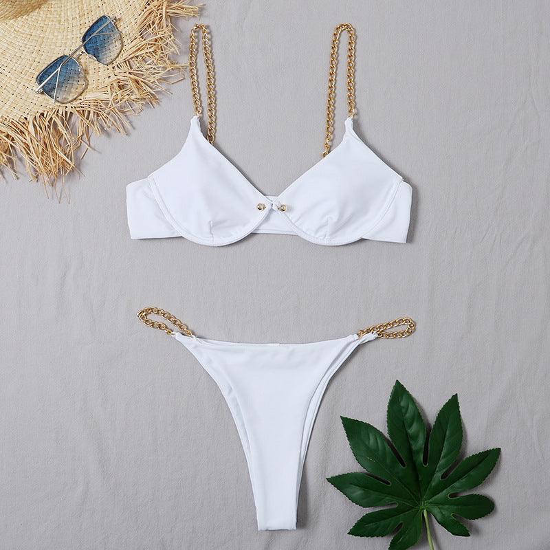 Women's Sexy Split Chain Solid Color Halter Strap Bikini Swimsuit Two Piece Swimwear Beachwear - melvincucci