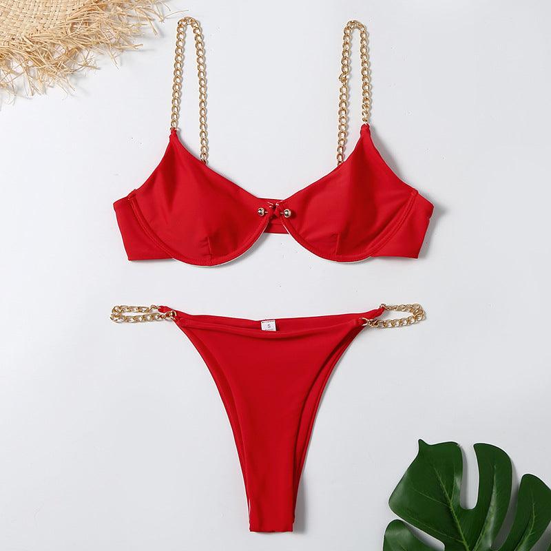 Women's Sexy Split Chain Solid Color Halter Strap Bikini Swimsuit Two Piece Swimwear Beachwear - melvincucci