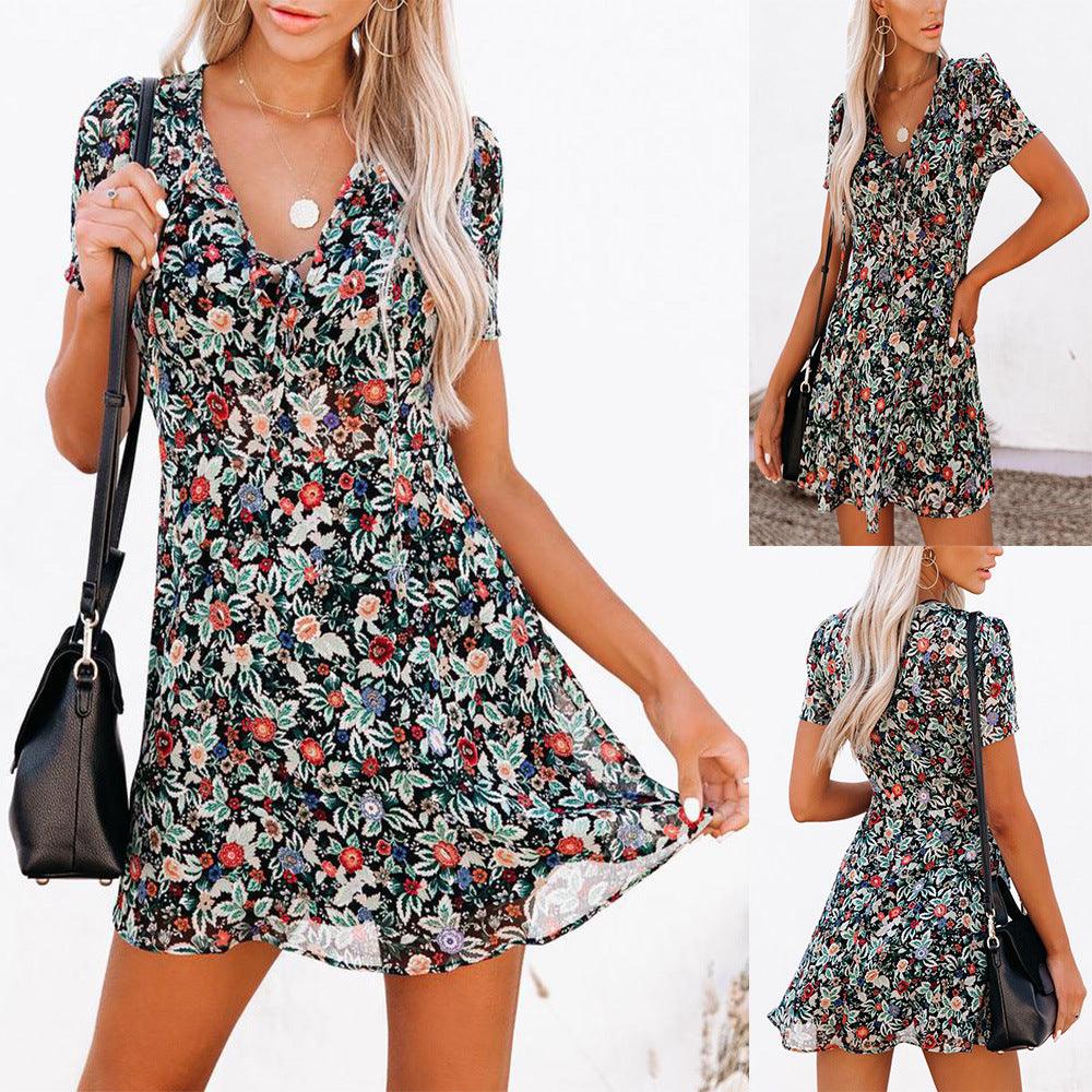 Women's Short Sleeve V-Neck Floral Dress - melvincucci