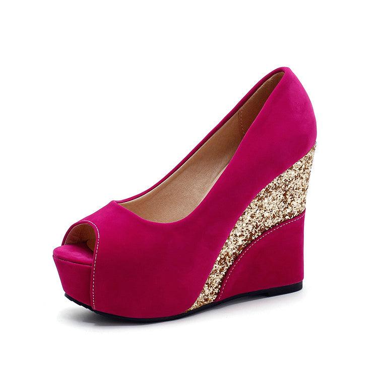 Women Spring Style Platform Wedge Daily Pumps Shoes Fashion Ladies Peep Toe Mixed Color Suede Party High Heel Shoe - melvincucci
