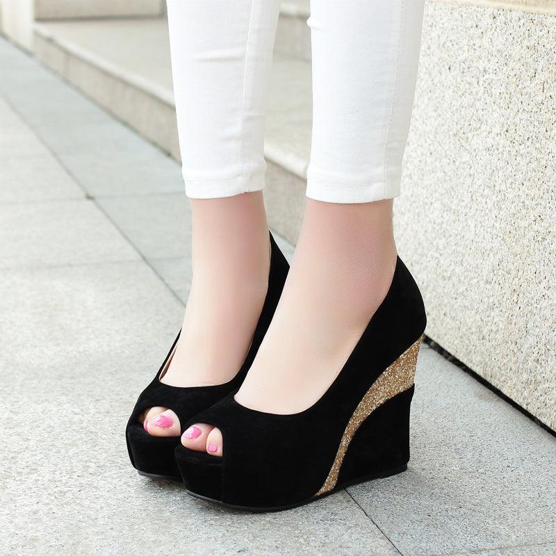 Women Spring Style Platform Wedge Daily Pumps Shoes Fashion Ladies Peep Toe Mixed Color Suede Party High Heel Shoe - melvincucci