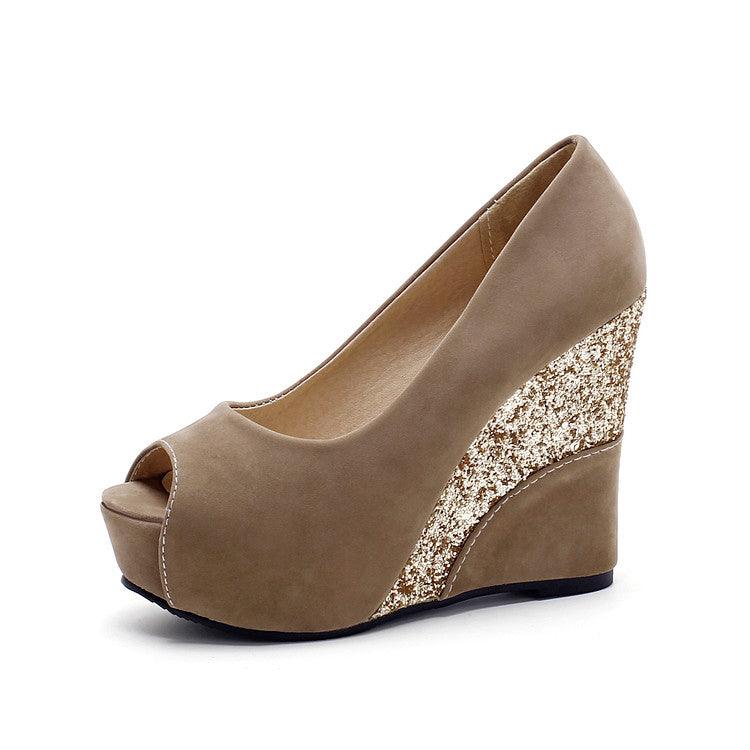 Women Spring Style Platform Wedge Daily Pumps Shoes Fashion Ladies Peep Toe Mixed Color Suede Party High Heel Shoe - melvincucci