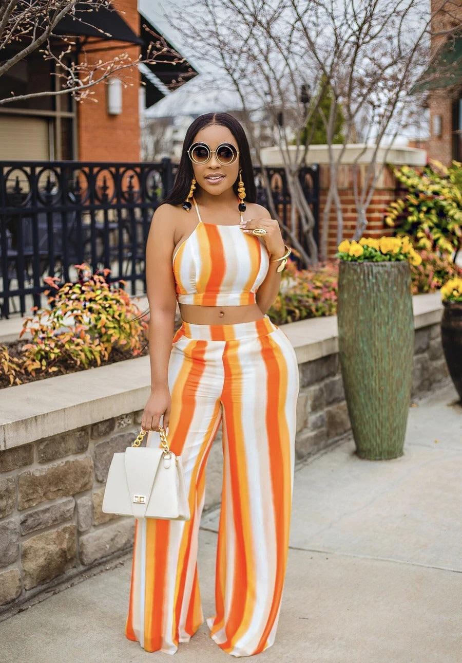 Women Summer Sexy Orange Halter Top and High Waisted Pant Fashion Style Tracksuit - melvincucci