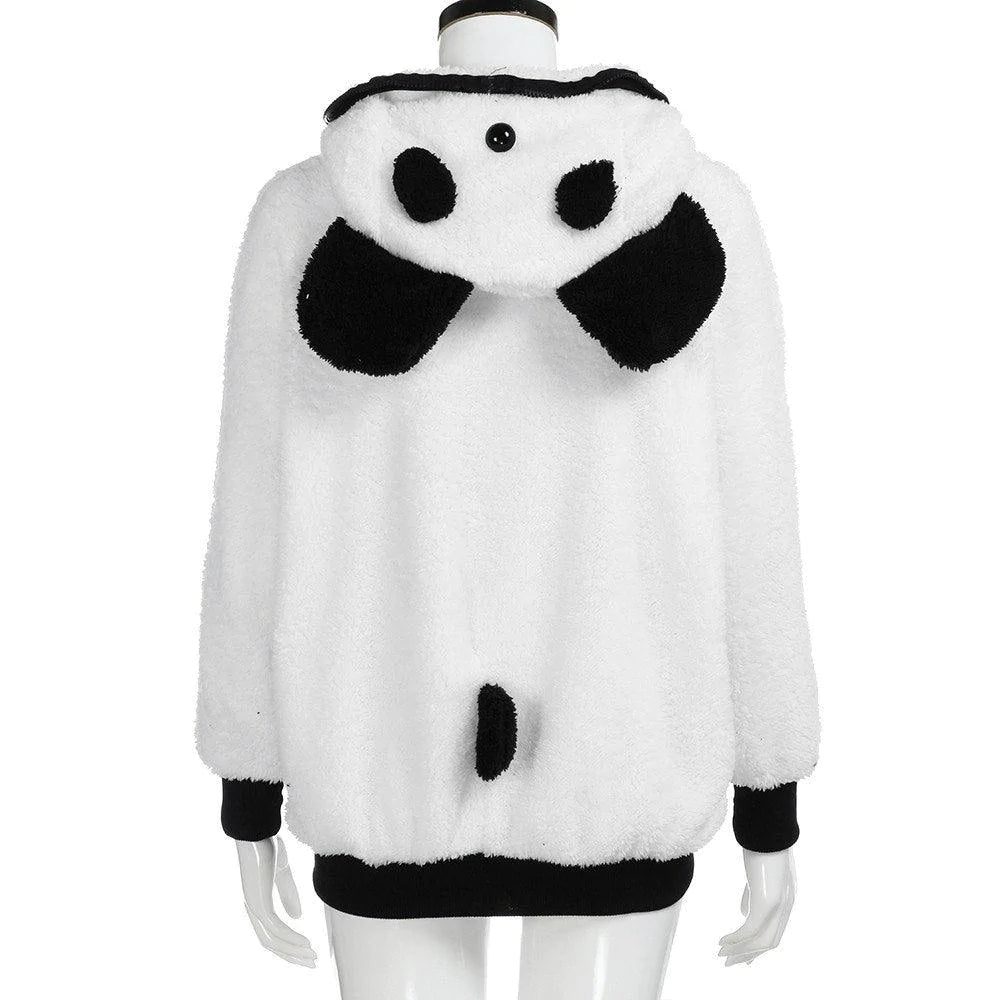 Women Winter Sweatshirt Famale Cute Plush Hooded Panda Jumper Coat Casual Loose Long-Sleeved Sweatshirt - melvincucci