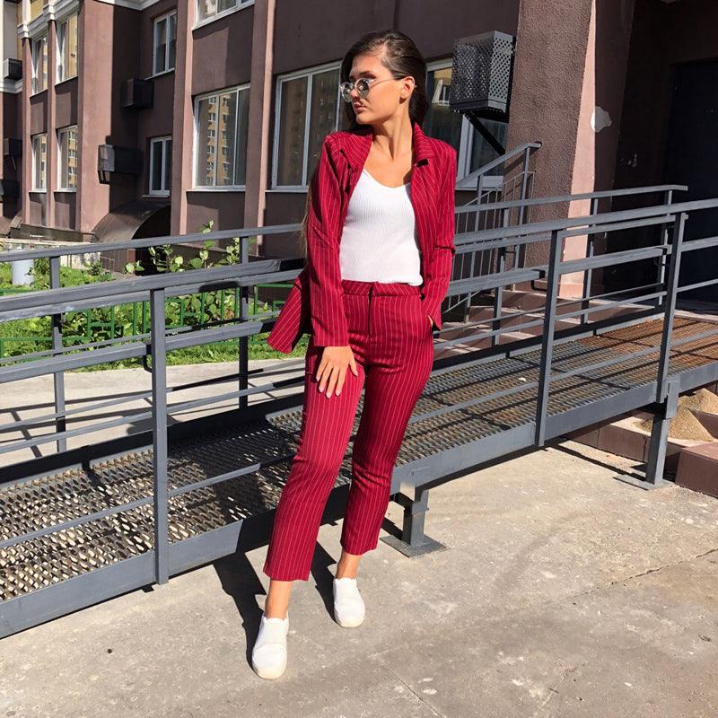 Work Pant Suits OL Piece Sets Double Breasted Striped - melvincucci