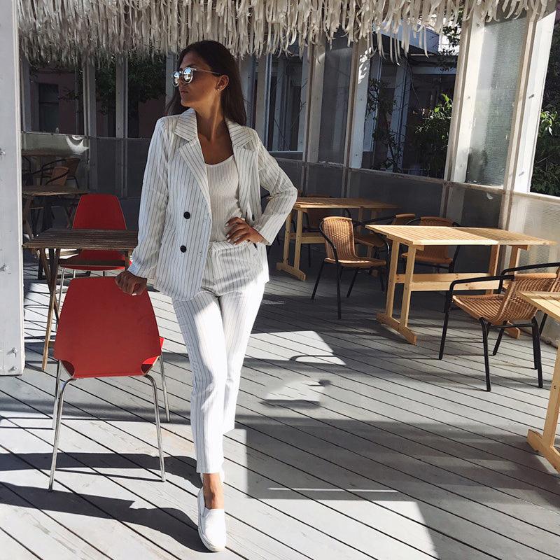 Work Pant Suits OL Piece Sets Double Breasted Striped - melvincucci