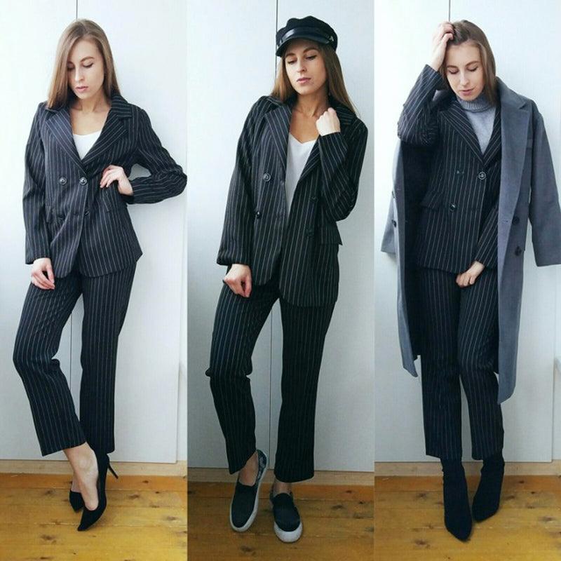 Work Pant Suits OL Piece Sets Double Breasted Striped - melvincucci
