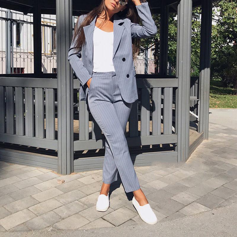 Work Pant Suits OL Piece Sets Double Breasted Striped - melvincucci