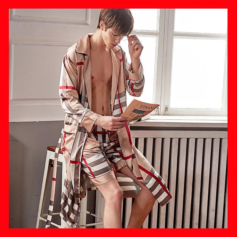 Xifenni spring and summer men's long-sleeved nightgown ice silk shorts bathrobe bathrobe thin two-piece pajamas 2050 - melvincucci