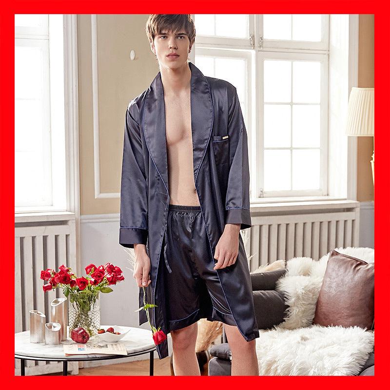 Xifenni spring and summer men's long-sleeved nightgown ice silk shorts bathrobe bathrobe thin two-piece pajamas 2050 - melvincucci