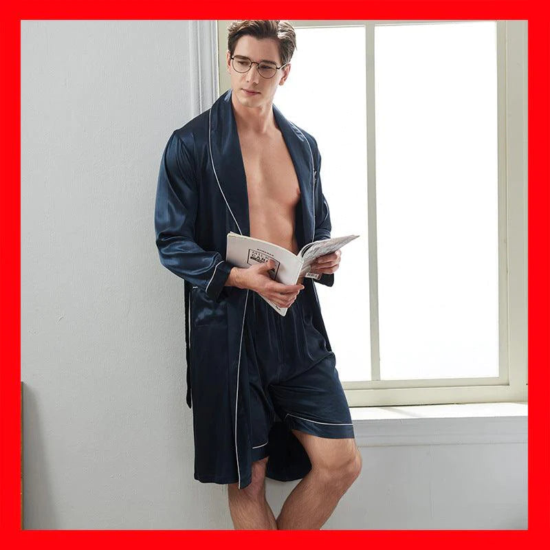 Xifenni spring and summer men's long-sleeved nightgown ice silk shorts bathrobe bathrobe thin two-piece pajamas 2050 - melvincucci
