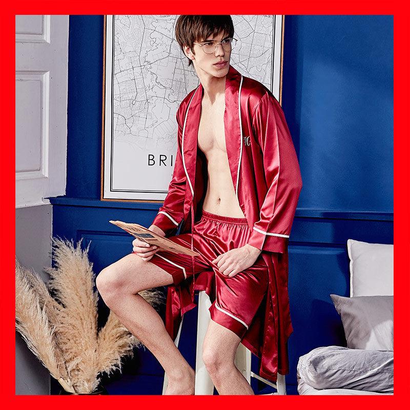 Xifenni spring and summer men's long-sleeved nightgown ice silk shorts bathrobe bathrobe thin two-piece pajamas 2050 - melvincucci