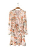 Yellow Floral V Neck Long Sleeve Dress - melvincucci