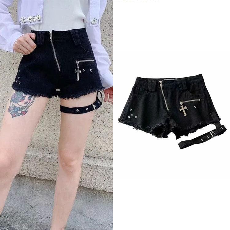 Zipper Design Denim Shorts Women High Waist Leggings - melvincucci